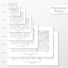 Load image into Gallery viewer, Available sizes for Petrified Forest National Park topographic maps. 5x7, 8x10, 11x14, 16x20, 18x24, 24x36, and 27x40 posters shown. as black and white prints on a gray background.
