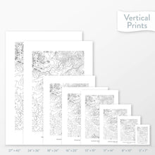 Load image into Gallery viewer, Available sizes for Petrified Forest National Park topographic maps. 5x7, 8x10, 11x14, 16x20, 18x24, 24x36, and 27x40 posters shown. as black and white prints on a gray background.
