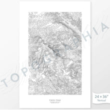 Load image into Gallery viewer, Example art map print of Pikes Peak, Colorado. Art uses verticle orientation. Print shows landscape of the area using elevation data. On the artwork is a title and concise info of location and elevation. Custom map decor
