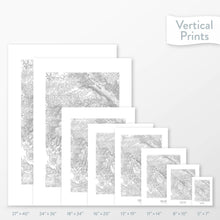 Load image into Gallery viewer, Side-by-side comparison of 8 dimension options for adventure travel art. Prints are decorative topographic maps of Pikes Peak, Colorado.

