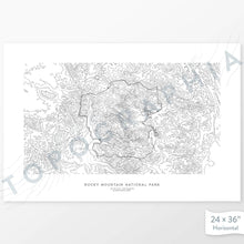Load image into Gallery viewer, Horizontal Rocky Mountain National Park poster with topography.
