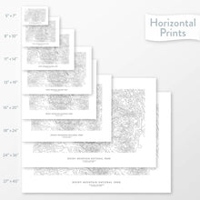 Load image into Gallery viewer, All sizes of horizontal prints for Rocky Mountain National Park poster with topographic map.
