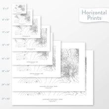 Load image into Gallery viewer, All sizes of horizontal prints for Saguaro National Park poster with topographic map.
