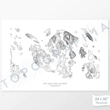 Load image into Gallery viewer, Example topographic map print of the San Juan Islands, Washington. Art uses horizontal orientation. Print shows landscape of the area using contour lines. On the artwork is a title and concise info of location and elevation.
