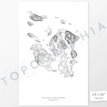 Load image into Gallery viewer, Example art map print of the San Juan Islands, Washington. Art uses verticle orientation. Print shows landscape of the area using elevation data. On the artwork is a title and concise info of location and elevation. Custom map decor
