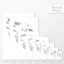 Load image into Gallery viewer, Side-by-side comparison of 8 dimension options for adventure travel art. Prints are decorative topographic maps of the San Juan Islands, Washington.
