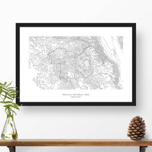 Load image into Gallery viewer, Sequoia National Park topographic map art poster with black frame.
