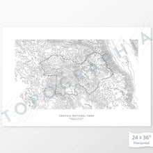 Load image into Gallery viewer, Example topographic map print of Sequoia National Park. Art uses horizontal orientation. Print shows landscape of the area using contour lines. On the artwork is a title and concise info of location and elevation.
