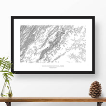 Load image into Gallery viewer, Framed travel art of Shenandoah National Park, featuring topography map art in black and white.
