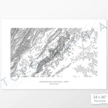 Load image into Gallery viewer, Example topographic map print of Shenandoah National Park. Art uses horizontal orientation. Print shows landscape of the area using contour lines. On the artwork is a title and concise info of location and elevation.
