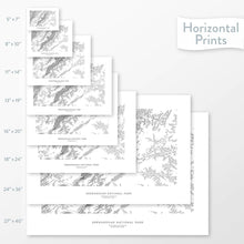 Load image into Gallery viewer, National park art of Shenandoah. Map wall decor is available in multiple sizes: 5x7, 8x10, 11x14, 16x20, 18x24, 24x36, and 27x40.
