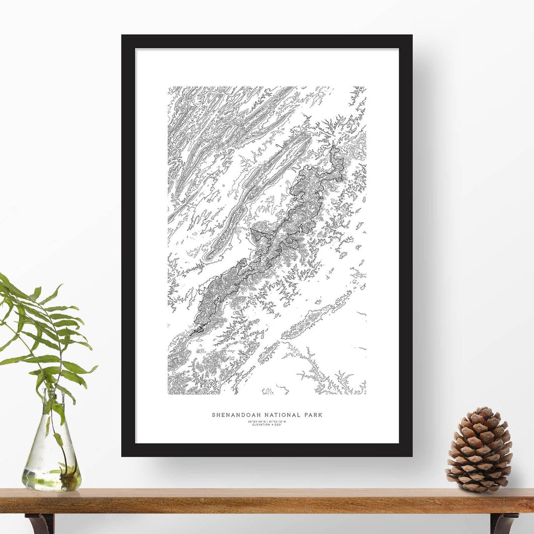 Framed print of Shenandoah National Park featuring a topographic map.