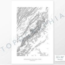 Load image into Gallery viewer, Shenandoah National Park poster with topograpy contour lines in black on a white background. Customizable text makes it a great map art gift idea.
