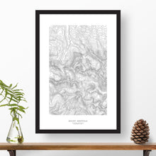 Load image into Gallery viewer, Black and white map and travel art of Mount Sneffels, Colorado. Topography contours are in black on a white background. Text below the image can be personalized for a perfect custom map art gift idea.
