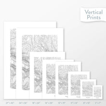 Load image into Gallery viewer, Side-by-side comparison of 8 dimension options for adventure travel art. Prints are decorative topographic maps of Mount Sneffels, Colorado.
