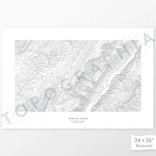 Load image into Gallery viewer, Mountain art print of Spruce Knob, West Virginia with a topographic map. Black contour lines on a white background.
