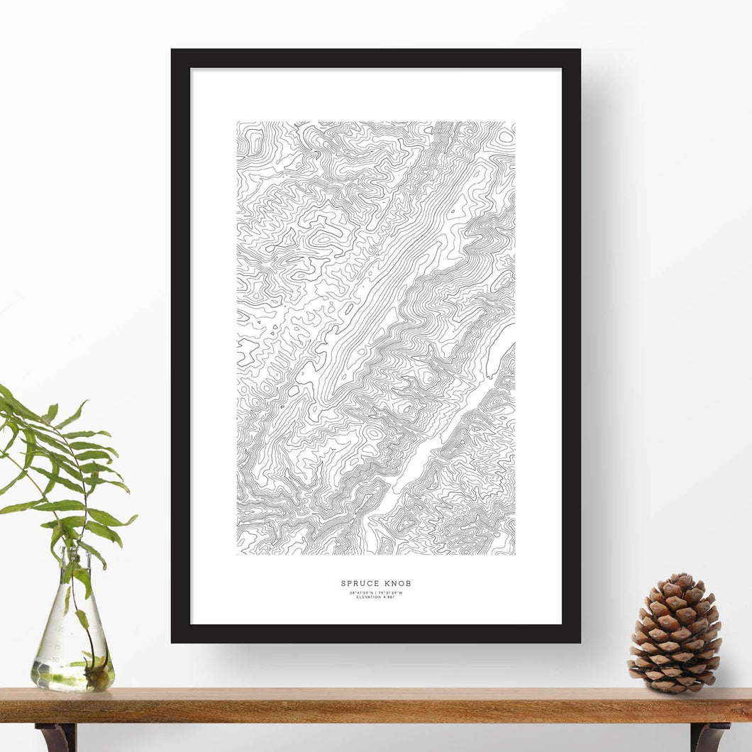 Spruce Knob, West Virginia mountain topographic map art poster with black frame.