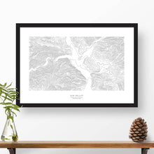 Load image into Gallery viewer, Framed black and white print of Sun Valley, Idaho with topography art.
