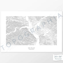Load image into Gallery viewer, Example topographic map print of the Sun Valley, Idaho ski area. Art uses horizontal orientation. Print shows landscape of the area using contour lines. On the artwork is a title and concise info of location and elevation.
