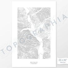 Load image into Gallery viewer, Example art map print of the Sun Valley, Idaho ski area. Art uses verticle orientation. Print shows landscape of the area using elevation data. On the artwork is a title and concise info of location and elevation. Custom map decor
