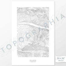 Load image into Gallery viewer, Example art map print of Telluride Ski Resort. Art uses verticle orientation. Print shows landscape of the area using elevation data. On the artwork is a title and concise info of location and elevation. Custom map decor
