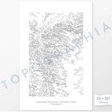 Load image into Gallery viewer, Theodore National Park poster with black and white contour lines to represent topography
