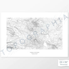 Load image into Gallery viewer, Horizontal custom topo map print of the Three Sisters, Oregon. Contour lines show the mountain topography of the area. Mountain map art.
