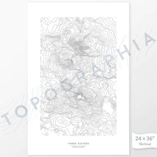 Load image into Gallery viewer, Three Sisters, Oregon poster with topograpy contour lines in black on a white background. Customizable text makes it a great map art gift idea.
