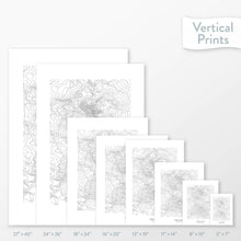 Load image into Gallery viewer, Side-by-side comparison of 8 dimension options for adventure travel art. Prints are decorative topographic maps of the Three Sisters in Oregon.
