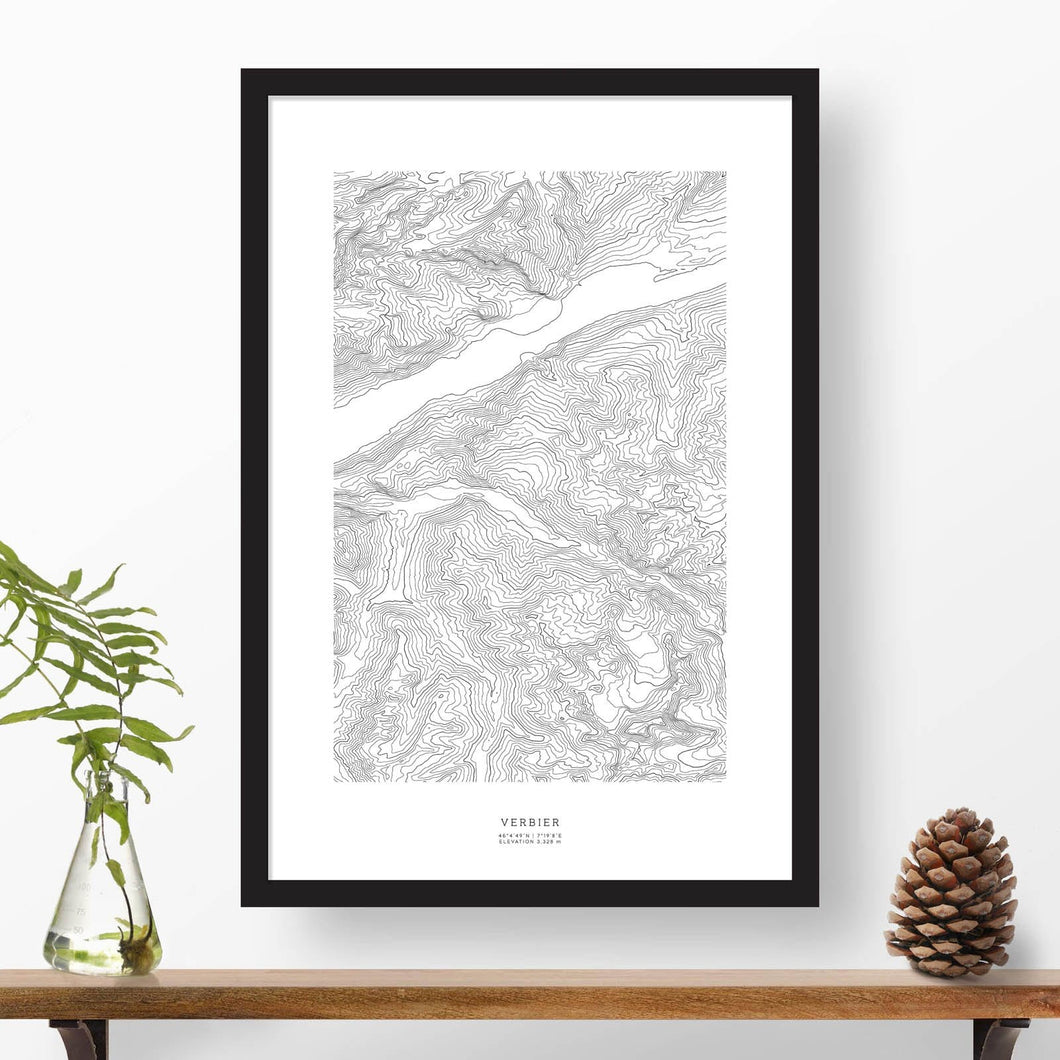 Topographic ski map of Verbier, Swiss Alps, Switzerland with a black frame.