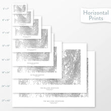 Load image into Gallery viewer, Available sizes for Wallowa Mountains, Oregon topographic maps. 5x7, 8x10, 11x14, 16x20, 18x24, 24x36, and 27x40 posters shown. as black and white prints on a gray background.
