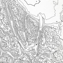 Load image into Gallery viewer, Close-up of black labels and contour lines for Wallowa Mountains poster with map art.

