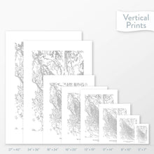 Load image into Gallery viewer, Available sizes for Wallowa Mountains topographic maps. 5x7, 8x10, 11x14, 16x20, 18x24, 24x36, and 27x40 posters shown. as black and white prints on a gray background.
