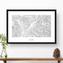Load image into Gallery viewer, Framed black and white print of Whistler-Blackcomb Ski Resort topography art. Text can be added to create a custom map poster as a travel gift.
