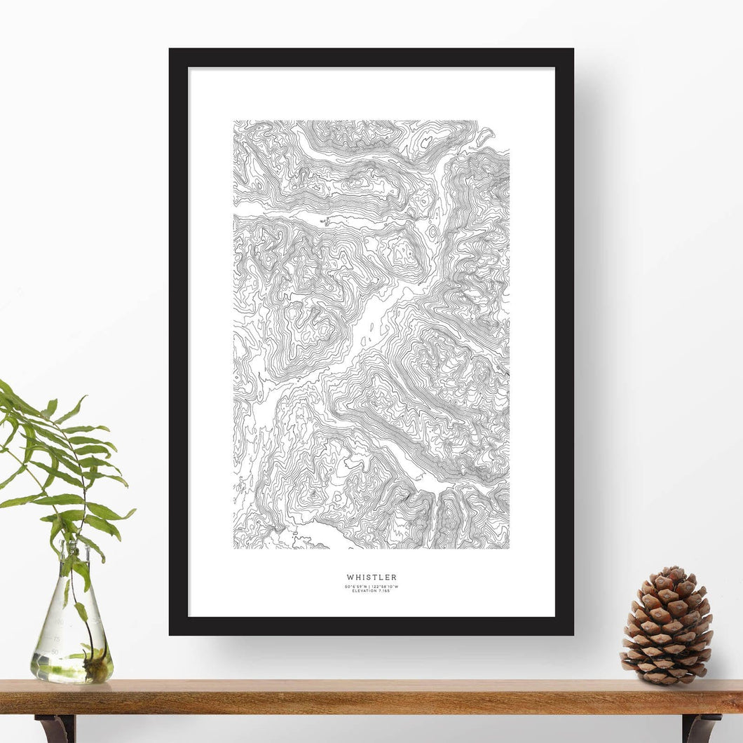 Whistler Ski Resort topographic map poster, 24 inches by 36 inches, in a vertical orientation, with a black solid wood ready-to-hang frame.
