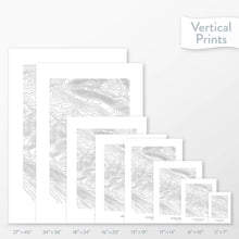 Load image into Gallery viewer, Side-by-side comparison of 8 dimension options for adventure travel art. Prints are decorative topographic maps of Whitefish Mountain in Montana.
