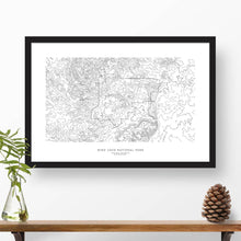 Load image into Gallery viewer, Framed black and white print of Wind Cave National Park with topography art.

