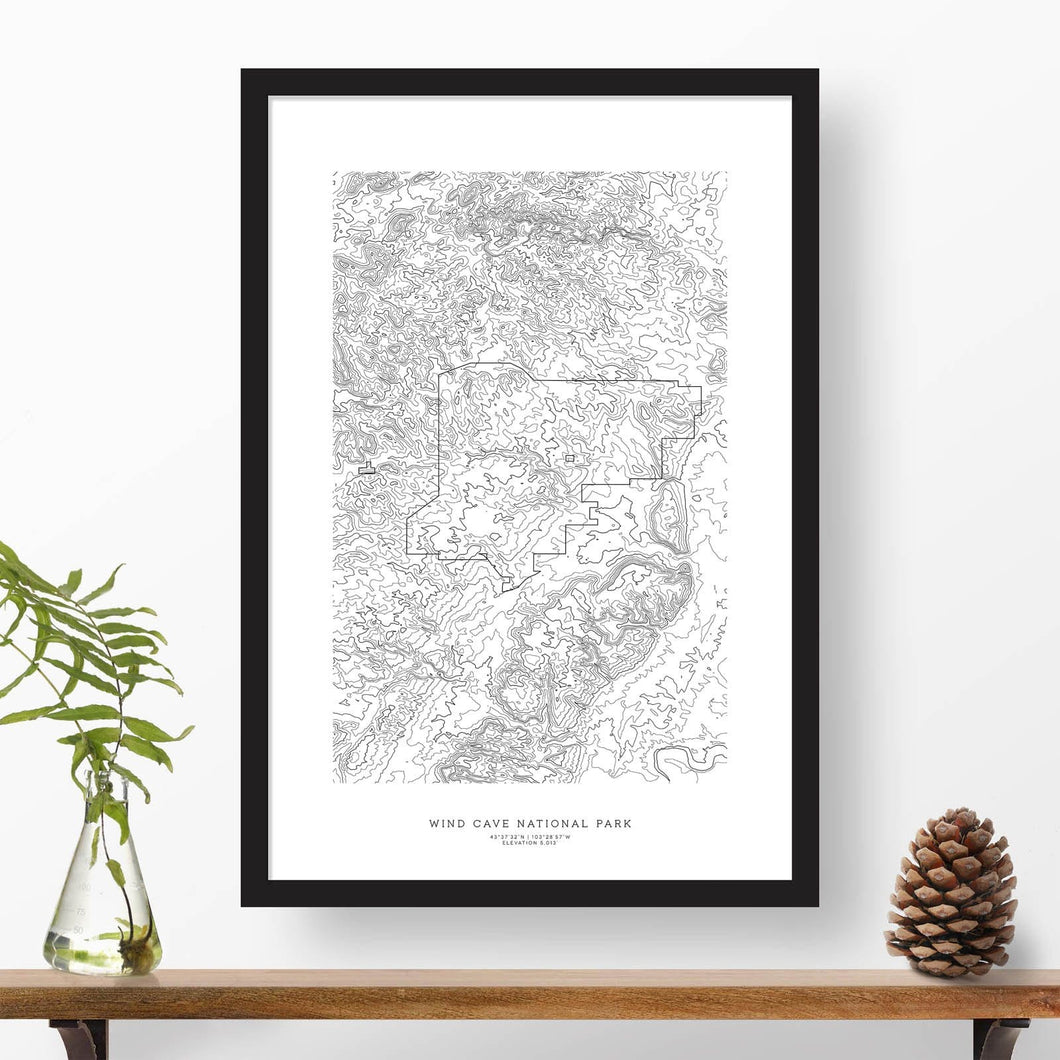 Wind Cave National Park topographic map art poster with black frame.