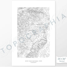 Load image into Gallery viewer, Wind Cave National Park poster with black and white contour lines to represent topography
