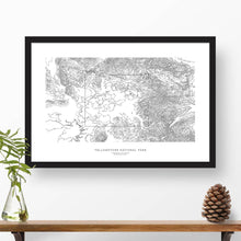 Load image into Gallery viewer, Framed black and white print of Yellowstone National Park with topography art.
