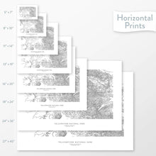 Load image into Gallery viewer, All sizes of horizontal prints for Yellowstone National Park poster with topographic map.
