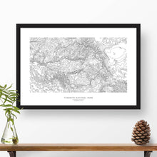 Load image into Gallery viewer, Framed black and white print of Yosemite National Park topography art. Text can be added to create a custom map poster as a travel gift.
