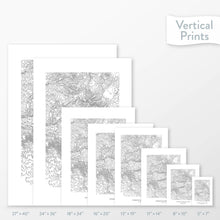 Load image into Gallery viewer, Available sizes for Yosemite National Park topographic maps. 5x7, 8x10, 11x14, 16x20, 18x24, 24x36, and 27x40 posters shown. as black and white prints on a gray background.
