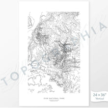 Load image into Gallery viewer, Vertical orientation Zion National Park poster with topographic map design.
